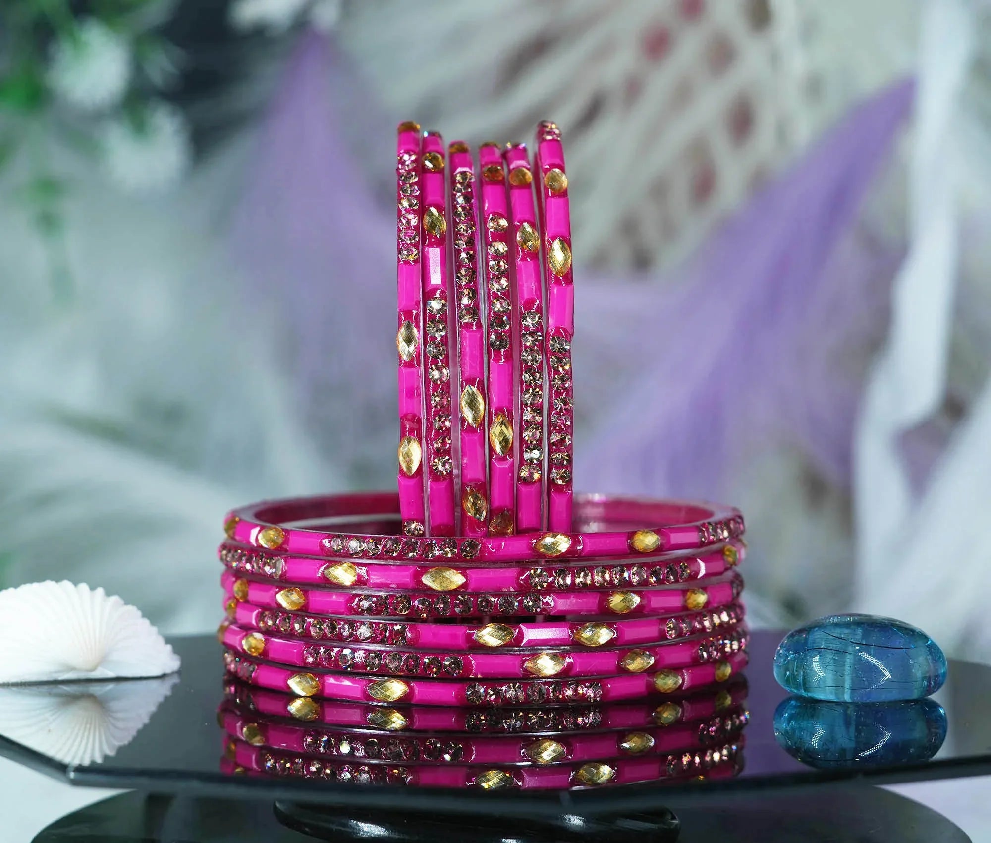 Multiple Color Glass Bangle with Stone Beads Work for Women & Girls (Pack 12 Bangles) - The Golden Cascade
